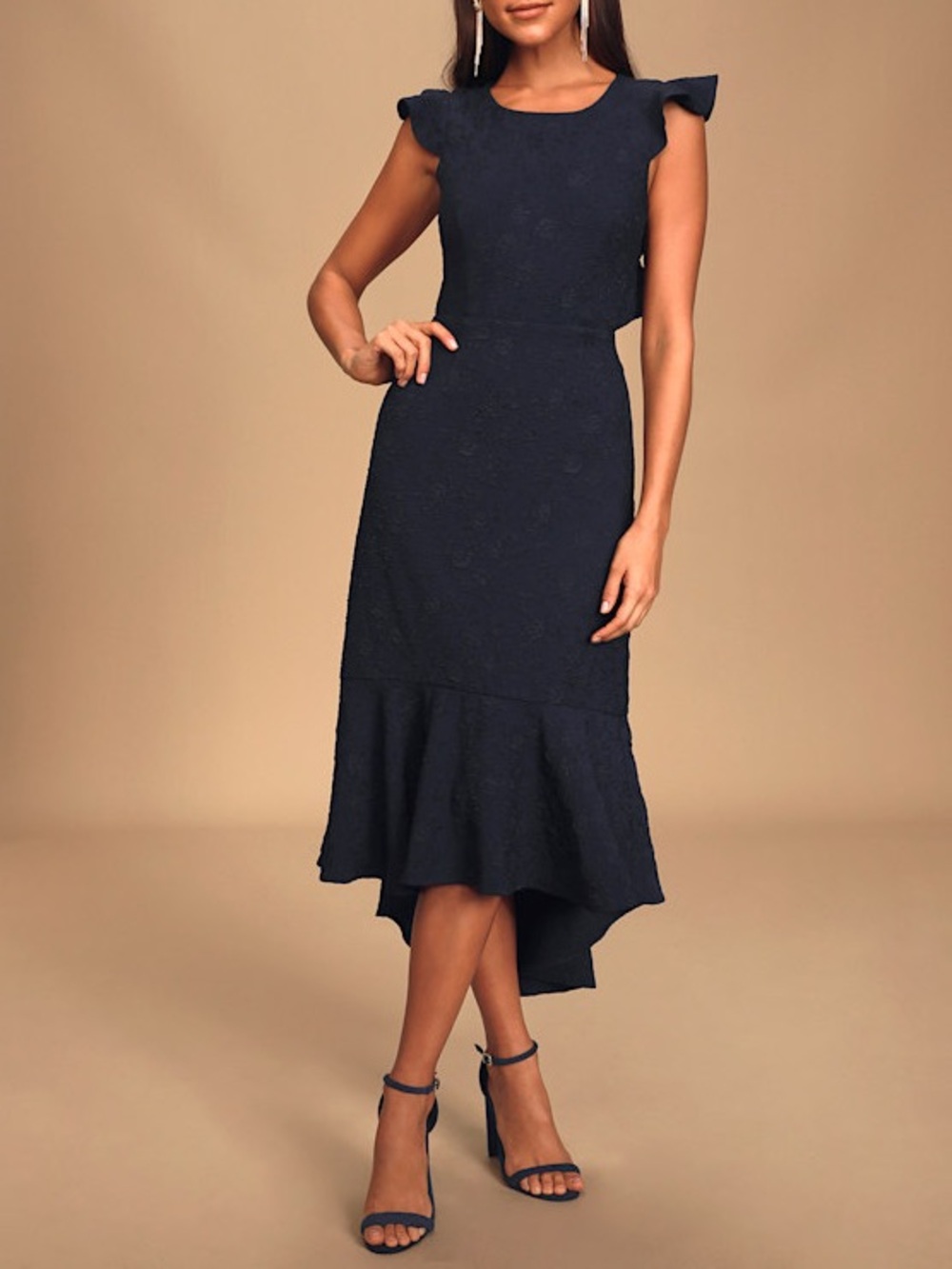 Lulus Soiree Navy Blue Jacquard Backless High-Low Dress New